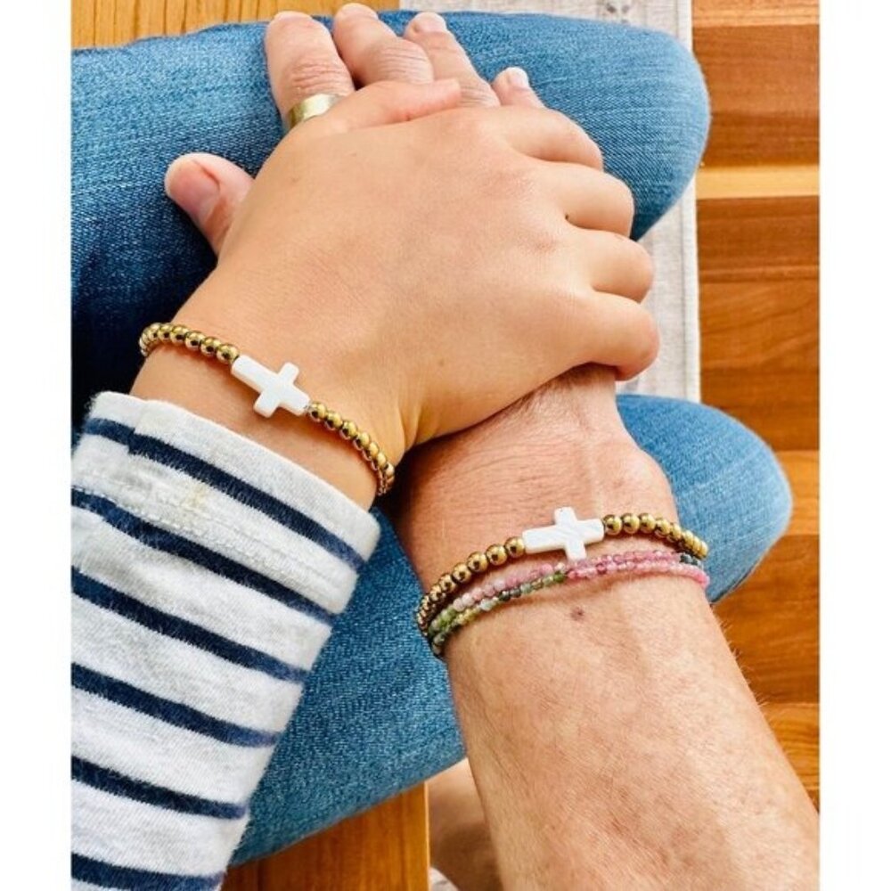 Mommy & Me Matching Pearl Cross Bracelet Set Gold Beaded Non Tarnish Waterproof